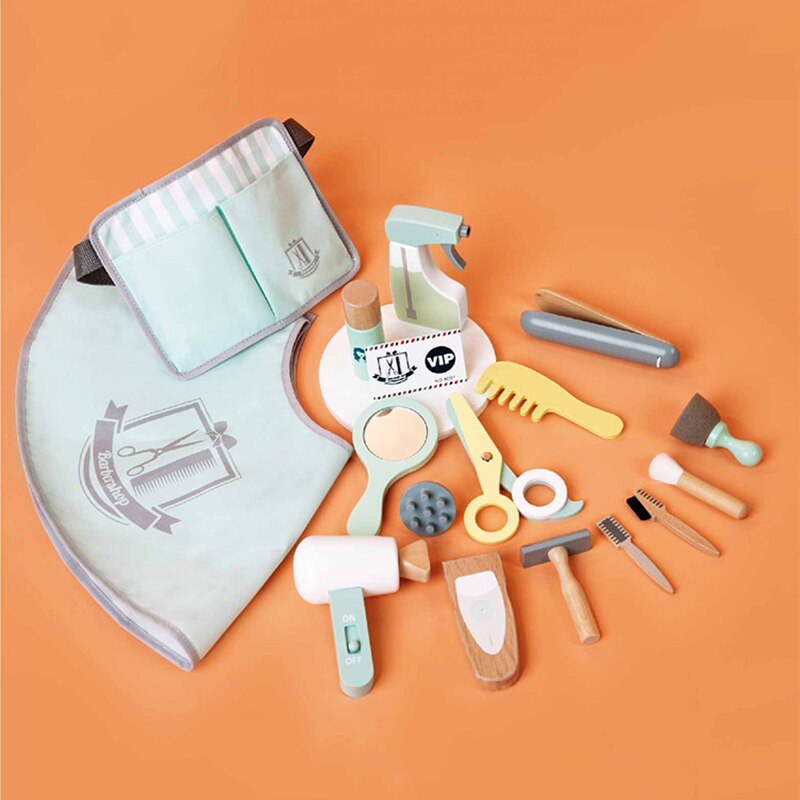 Holz Haar Kommode Set kinder Rolle Spielen Haarschnitt Make-Up Werkzeuge Simulation Pretend Spielen Holz Friseur Tasche Farbige Box