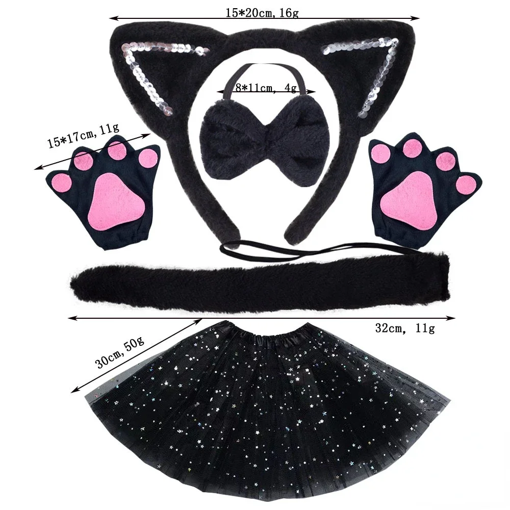 Diadema con orejas de gato con lentejuelas, falda tutú, pajarita, cola, conjunto de disfraz de Cosplay para Festival de Halloween, accesorio de uso diario
