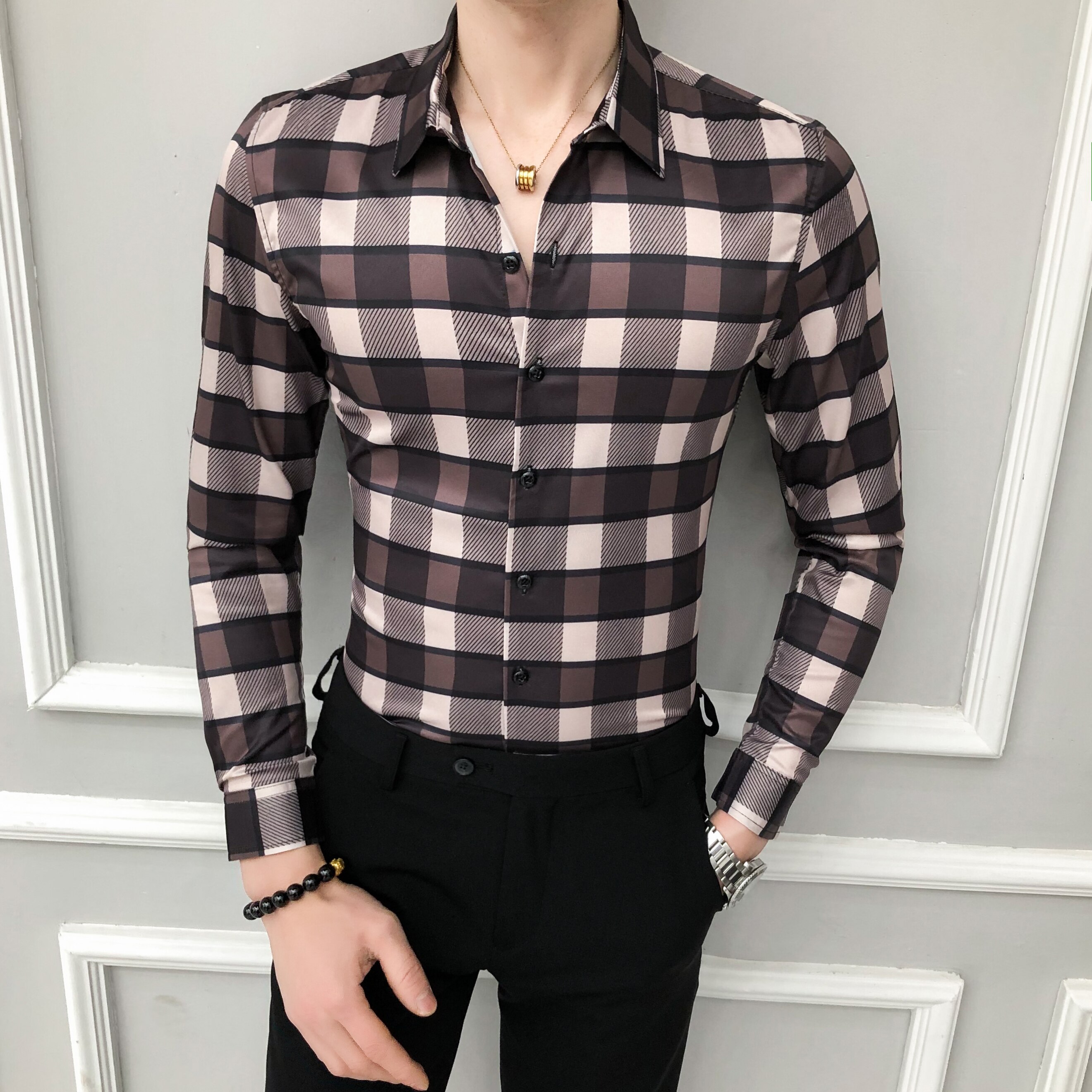 Camisa clásica a cuadros para hombre, camisas formales entalladas informales de manga larga para negocios, ropa de calle, ropa Social para hombre