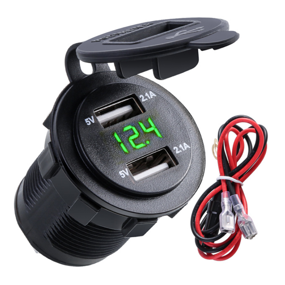 Waterproof Car 2 Port Dual USB Charger Socket Power Outlet with Voltmeter LED Light for 12-24V Car Boat Marine ATV Motorcycle