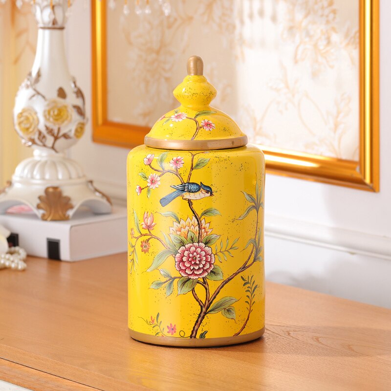 Bocaux de rangement en porcelaine à motifs de fleurs peintes, pot à bonbons Antique, boîte à thé, Vase en céramique polyvalent, décor Vintage pour la maison: Yellow Middle