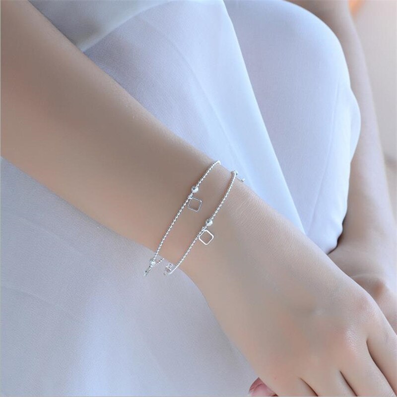 Trendy 925 Sterling Cavigliere D&#39;argento Per I Monili Delle Donne A Doppio Strato Piazza Delle Ragazze Del Braccialetto Femminile Della Principessa Accessori Regalo: bracelets