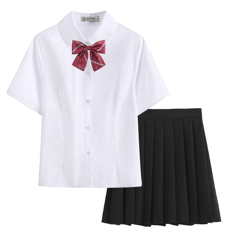 Japans schooluniform jk-shirt met korte mouwen, ronde hals en getailleerde taille | japanse orthodoxie shirt met peter pan-kraag en geplooide zwarte rok: Korte mouw / S