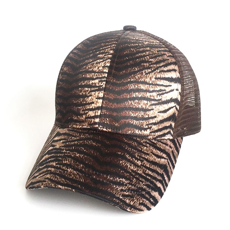 Women Ladies Summer Mesh Back Messy High Bun Ponytail Holder Cap Vintage Leopard Zebra-Stripes Adjustable Snapback Trucker Hat: 8