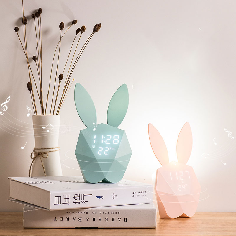 Smart Bluetooth Konijn Wekker Voice Control Nachtlampje Multifunctionele Klok Temperatuur Display Usb Lading Mute Klokken