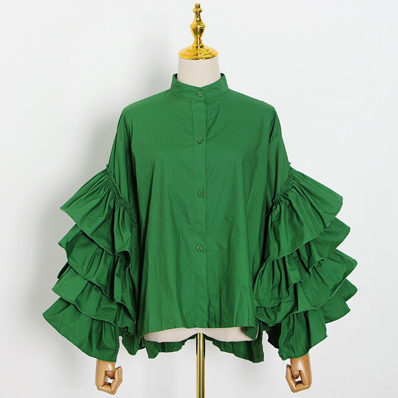 TWOTWINSTYLE Casual Patchwork Ruffles Women Shirt Stand Collar Lantern Long Sleeve Loose Blouse For Female Clothing Spring: green / L
