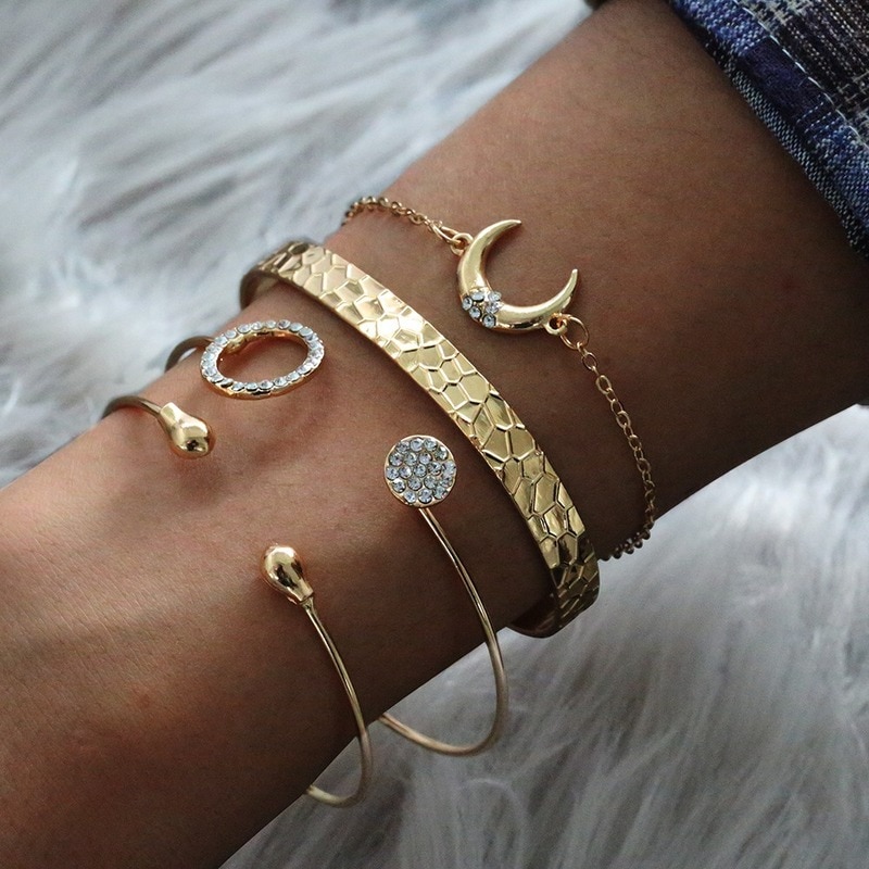 Abdoabdo Bohemen Indische Armbanden Armbanden Voor Vrouwen Cirkel Open Manchet Armband Roestvrij Stalen Armband Crescent Gouden Armband