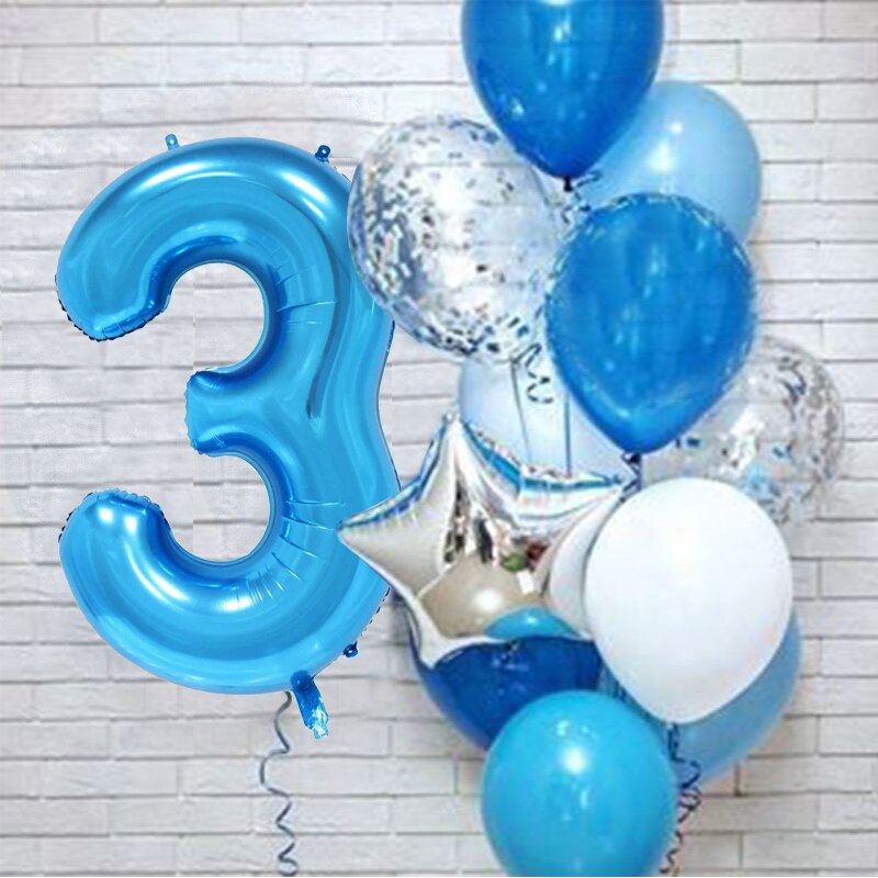 PartyLab 12Pcs/set Number Foil Latex Blue Balloons for Kids Birthday Decoration 1st One Year Birthday Boy Decor Baby Balloon: Number3 set