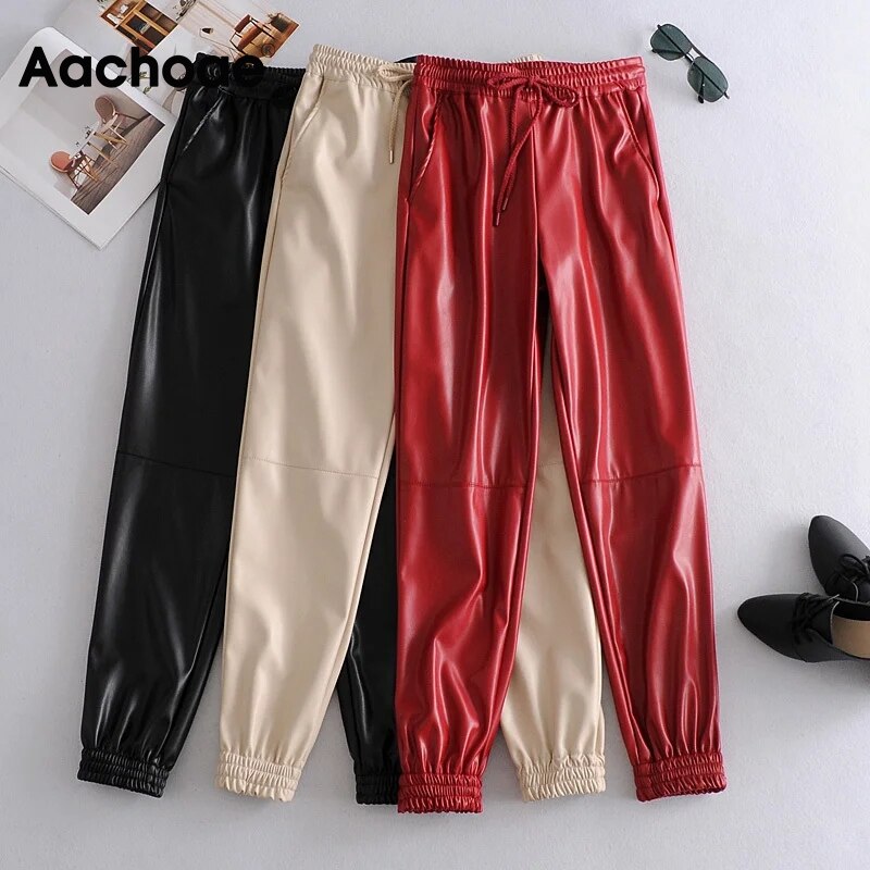 Aachoae dames lange pu leren broek met trekkoord, sportieve stijl, lange joggingbroek voor dames, baggy casual kokerbroek, damesbroek