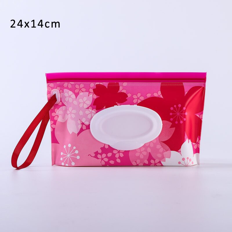1Pcs Cartoon Pattern Eco-Friendly Baby Wipes Box Wet Wipe Box Cleaning Wipes Carrying Bag Clamshell Snap Strap Container Case: Red flower