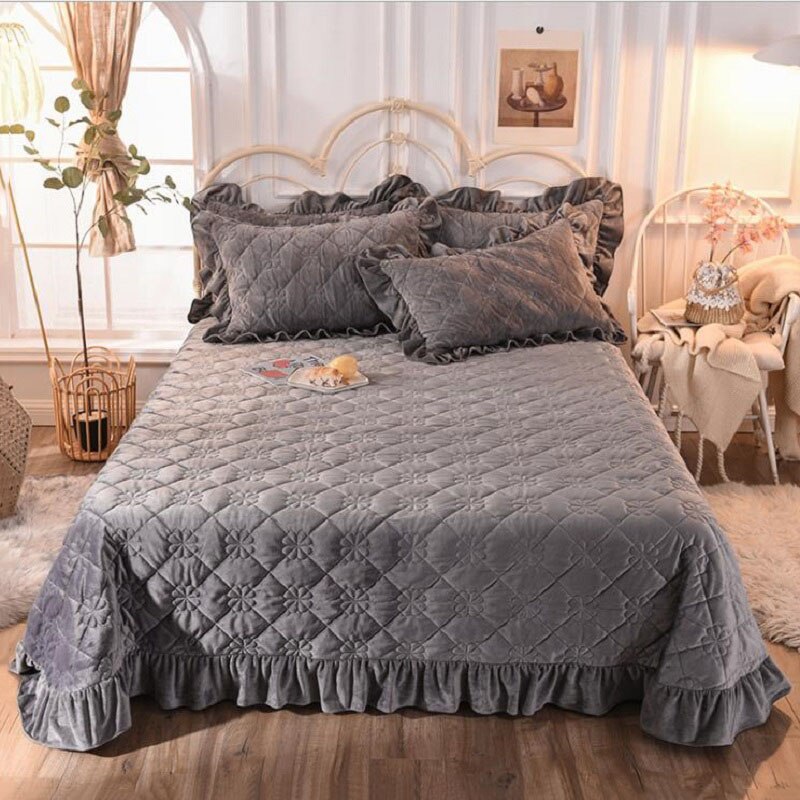 Dikker Crystal Fluwelen Sprei Hoeslaken Effen Kleur Warm Bed Cover Sprei (Of Kussensloop) King Queen Size Beddengoed: Smoke gray / 48x74cm 2 pillowcase