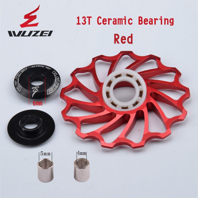 WUZEI — 2 pièces, roue dentée et galet pour dérailleur arrière, à 11, 12 et 13 dents, en céramique et alliage aluminium, pour vtt, guide poulies en céramique: 13T red