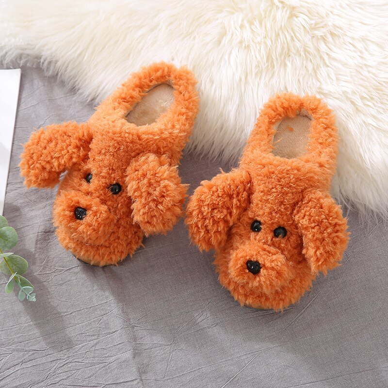 Bont Hond Slippers Leuke Cartoon Dier Vrouwen Winter Warm Pluche Thuis Pluizige Slides Katoen Huis Schoenen: brown / 38-39