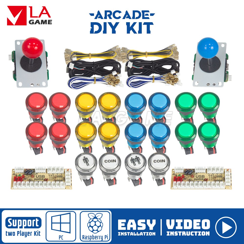 Kit Arcade 2 Speler Nul Vertraging Mando Arcade Usb Encoder Om Pc Rasberry Pi 33Mm Led Drukknop Joystick usb Arcade Kast: Mix color as picture