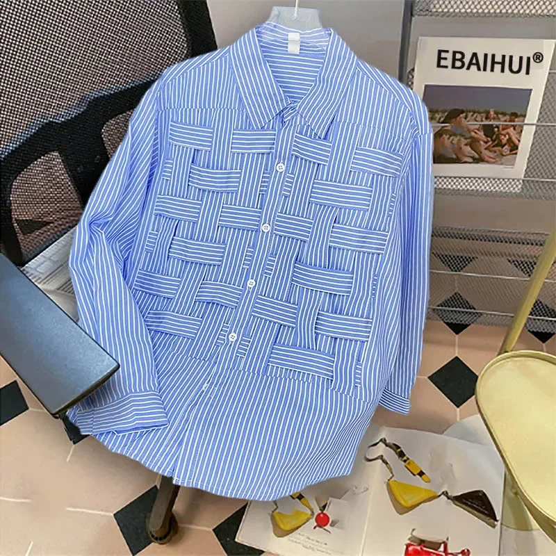 EBAIHUI, camisas lisas con agujeros para mujer, solapa, manga larga, cintura suelta, blusa de retales a la , camisa informal de poliéster para mujer 2024: XL / Beige