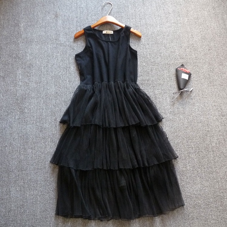 Three Layer Yarn Cake Vest Dress Women Slip Dress Cotton Mesh Inner Dress Sweet Underdress Long Guaze Petticoat Underskirt: Black