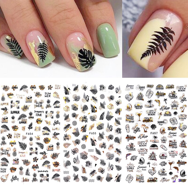 4 stk sommer nail art klistermærker blade bogstav geometrisk 3d selvklæbende skyder negle dekoration guld sort hvid manicure folie sæt
