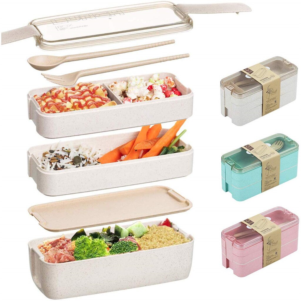 Draagbare Gezonde Materiaal Lunchbox 3 Layer Tarwe Stro Bento Dozen Magnetron Servies Voedsel Opslag Container Voedsel Doos #30