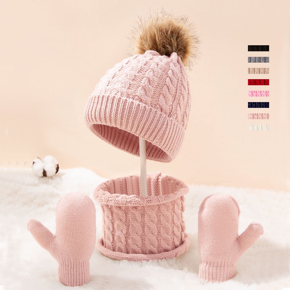 3Pcs/Set Cute Hat Scarf Gloves Set Solid Color Cotton Caps Winter Warm Accessories For Kids 0-3 Years Boys Girls Children