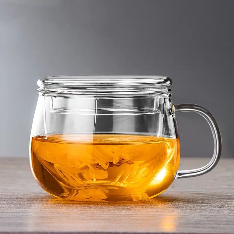 Glass Tea Infuser Cup With Transparent Filter Handle Bamboo Lid Heat-resistant Flower Teacup Office Tea Mug Drinkware: 350mlTransparent