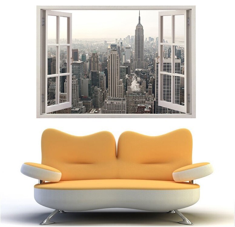 3D Effect Window View WALL STICKERS York City View Framed Vinyl Decal Decor Mural Kitchen Bathroom motorbike wall art