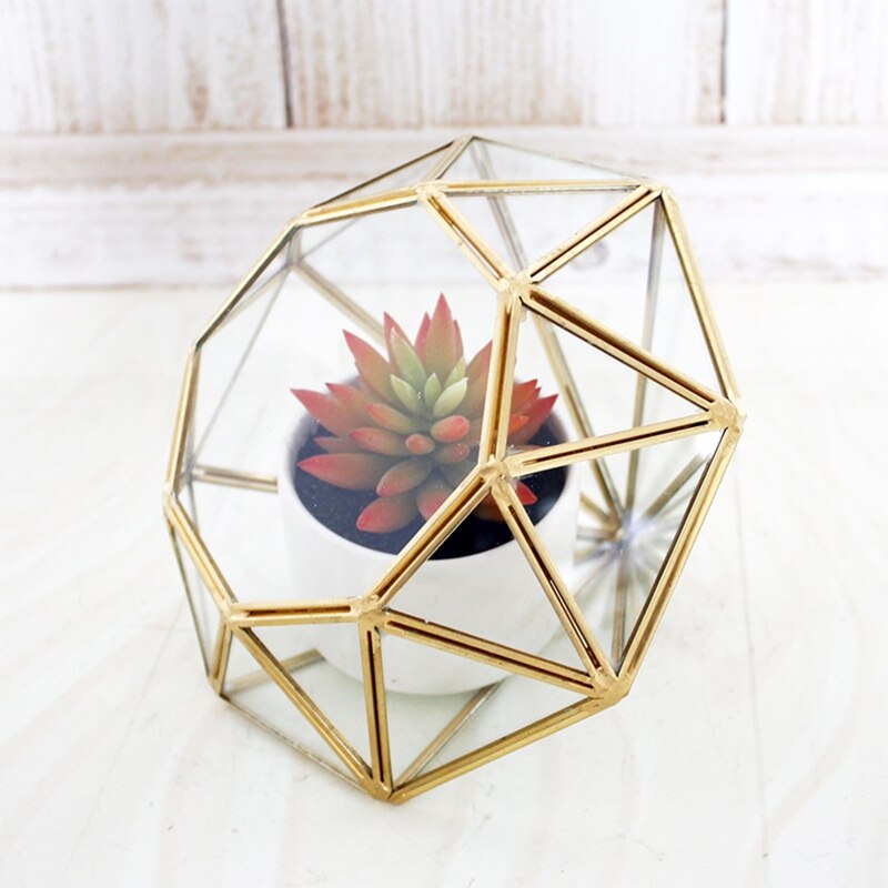 Terrarium géométrique en verre ouvert doré fait à la main, diamant en laiton, mousse de fougère succulente, conteneur d&#39;exposition de plantes, directe