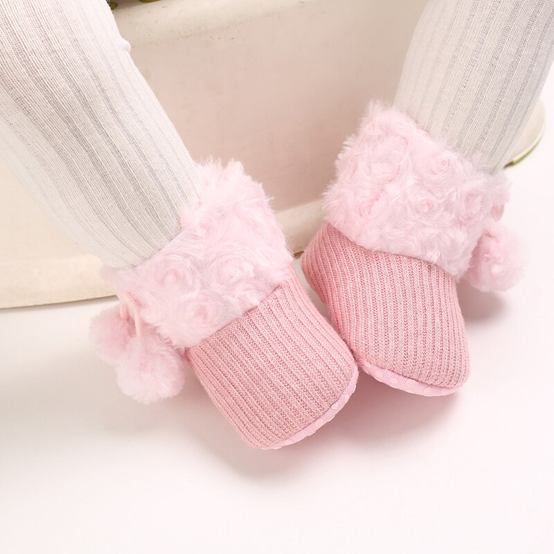 Toddler Baby Warm Winter First Walker Knitting Pompom Boots Solid Prewalker Anti-Slip Cotton Boots Children Crawling Shoes