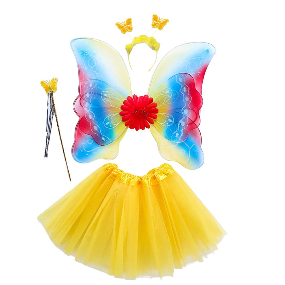 4Pcs Meisjes Fee Kostuum Set Regenboog Vlinder Drie Lagen Tule Tutu Rok Wand Hoofdband Prinses Halloween Party 3-8T