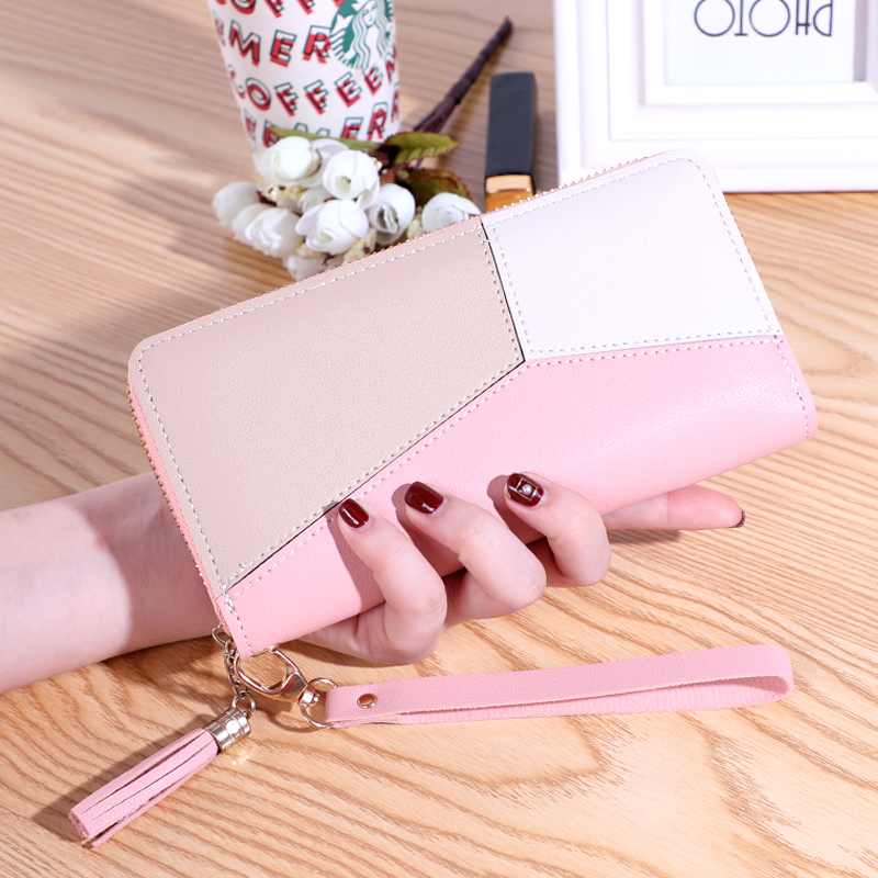 Women's Wallet Long Contrast Panel Zipper Tassel Large Capacity Wallet Mobile Case: Pink