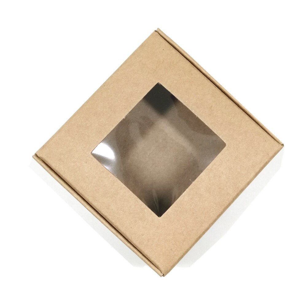 20PCS/ Lot Foldable Kraft Paper Box Retro DIY Paperboard Case Jewelry Craft Soap Mini Cake Storage Boxes With Clear Window: Brown / 7x7x3cm