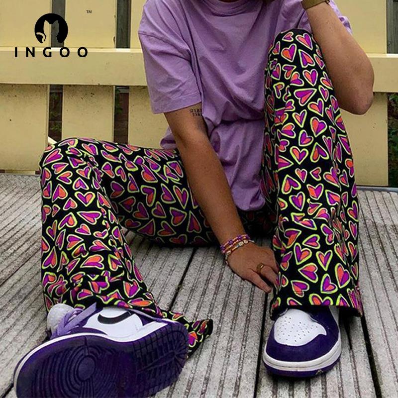 Ingoo vintage lange bukser med brede ben til kvinder multifarvet trykt højtaljet taske hoftebukser  y2k afslappede street outfits