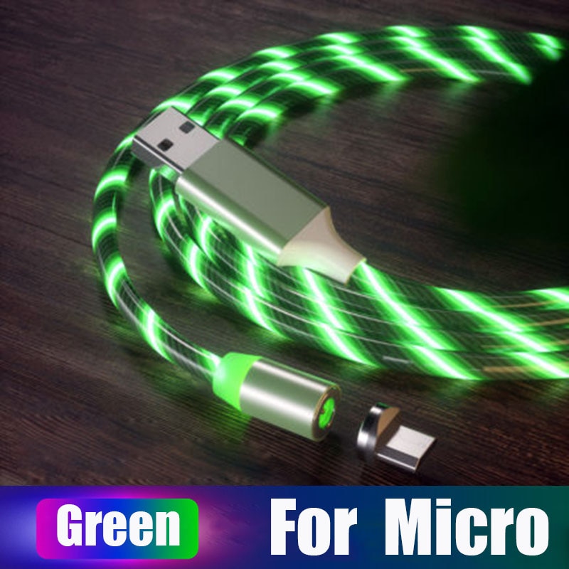 Lasaie Bunte Fließende Licht LED Magnetische Kabel Mikro USB Typ C Kabel Schnelle Ladung Magnetische Ladegerät Kabel für iPhone Xiaomi: Grün Pro Mikro / 2m