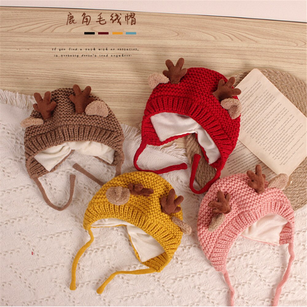 Pudcoco Kids Knitted Hat Cartoon Deer Horn Woolen Cap Earmuffs Hat Kids Accessories Red/Yellow/Green/Coffee/Pink