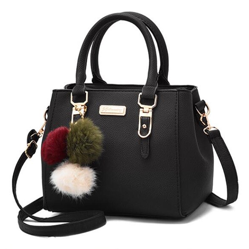 Women Furry Ball Multifunction Pu Leather Waterproof Handbag Simple Women's Large Capacity Diagonal Bag: black