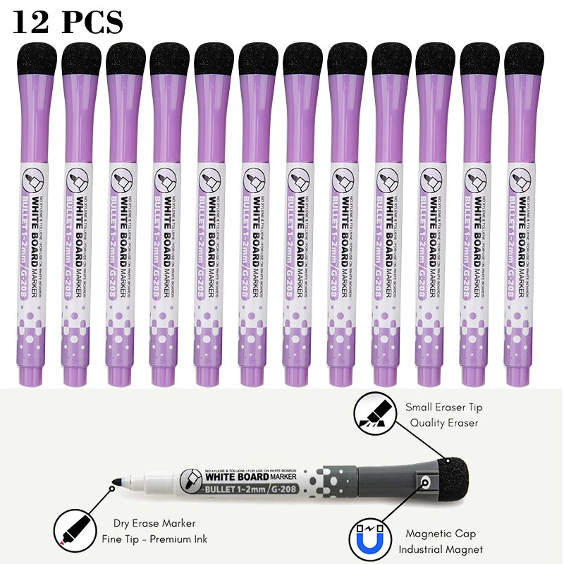 12 Pcs/lot Magnetic Dry Erase Whiteboard Markers Water 8 Colour Pen Black and White Office Supplies for Glass Ceramic Tile: 12Pcs-Purple