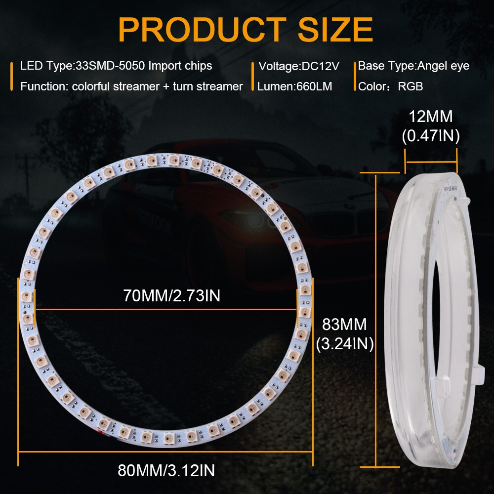 2 luces LED RGB de 80mm, 95mm, 5050, luces LED de colores con Ojos de Ángel, Control por aplicación Bluetooth, anillo Halo, intermitente automático para coche, faro delantero: 80mm RGB