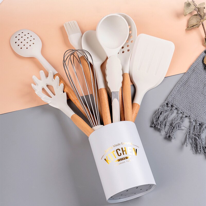 1PCS Silicone Utensils With Wooden White Cooking Kitchenware Tool Multifunction Handle Non-Stick Spatula Ladle Egg Beaters