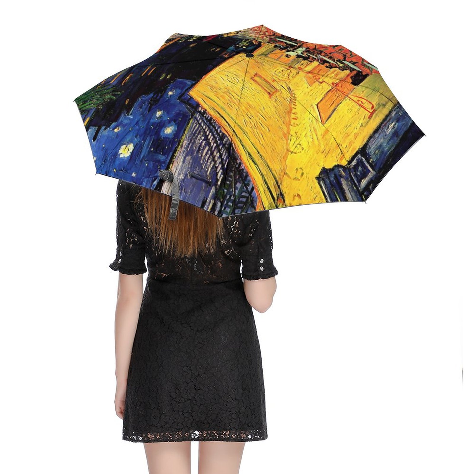 Vincent Van Gogh Paraguas automático de 3 pliegues Café Terraza por la noche Paraguas ligero Sol y lluvia Paraguas de abrigo negro para hombres y mujeres