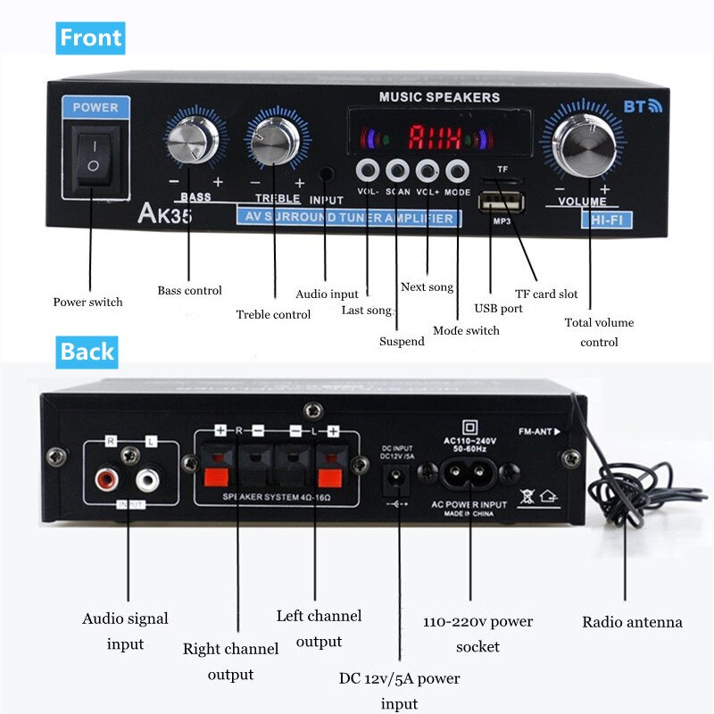 AK35 AK380 800W Domowe wzmacniacze mocy 2-kanałowy Bluetooth 5.0 Dźwięk przestrzenny FM USB Pilot zdalnego sterowania Mini wzmacniacz cyfrowy HIFI