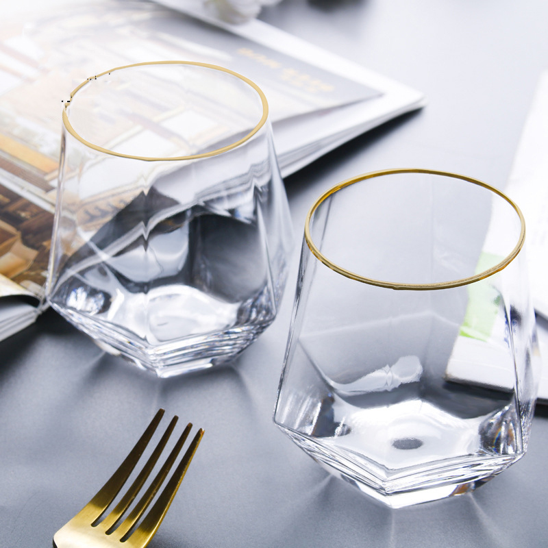 Taza de cristal hexagonal con diseño geométrico transparente para whisky, taza de diamante para café, leche, té, taza antideslizante para bar, taza de vidrio para parejas