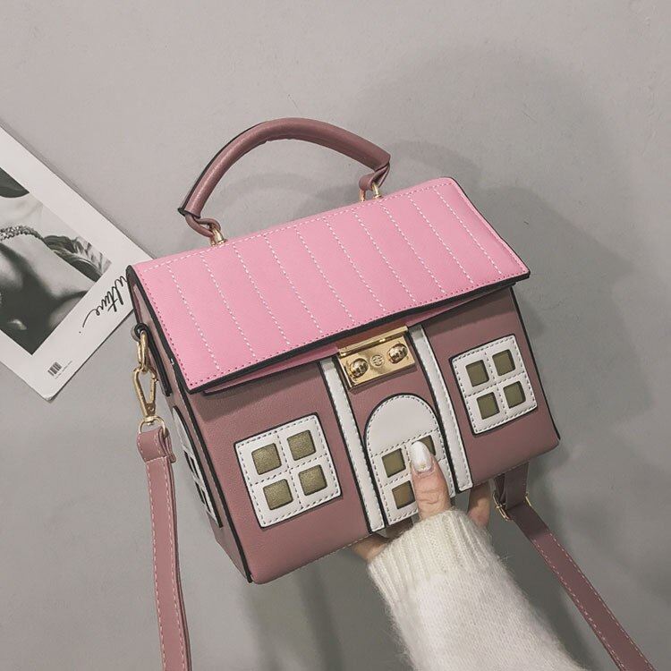 Casa em forma de saco do mensageiro cor contraste grande capacidade de couro do plutônio criativo dos desenhos animados luxo um ombro bolsa para mulher: Rosa