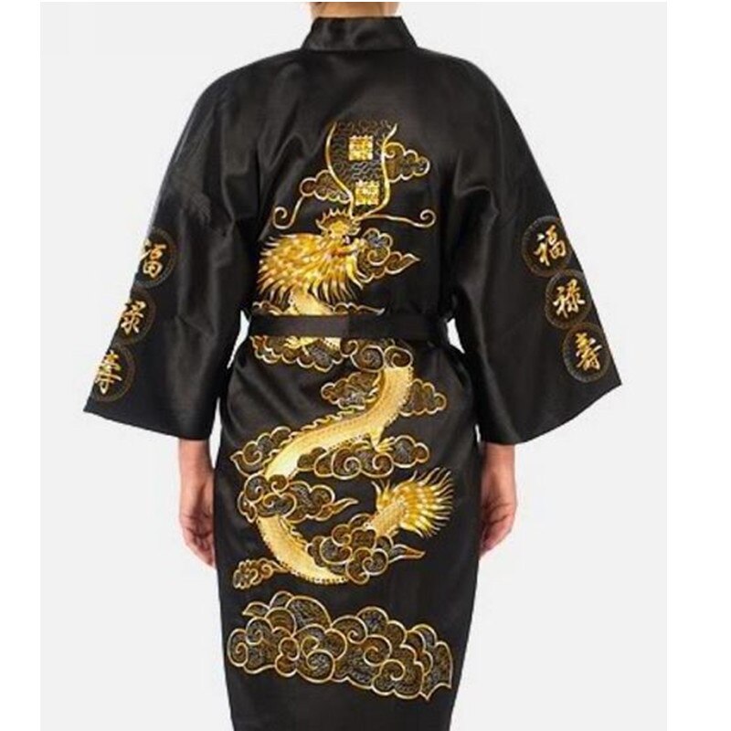 Navy Blue Chinese Men's Satin Silk Robe Embroidery Kimono Bath Gown Dragon Size S M L XL XXL XXXL