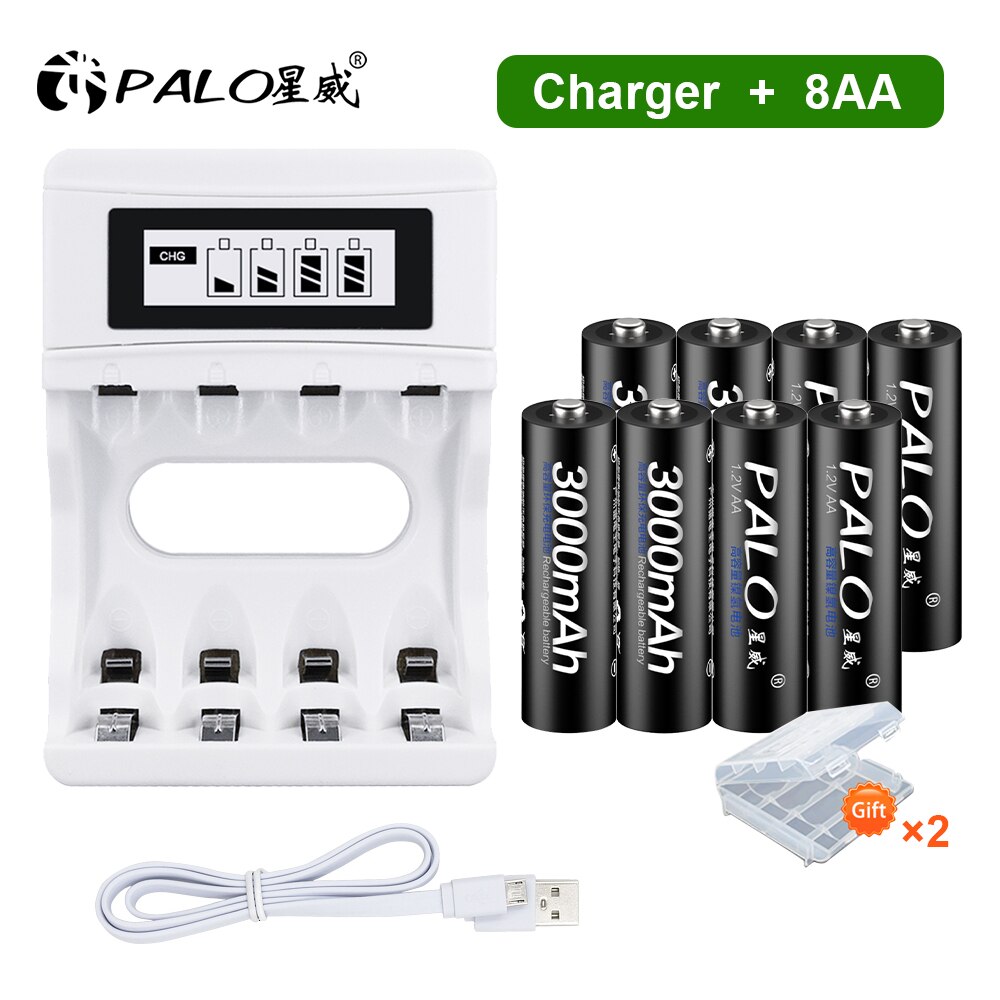 PALO AA Rechargeable battery aa 1.2v Ni-MH AA Batteries Rechargeable Battery 2A batteria for Led flashlight battery: 8AA and Charger