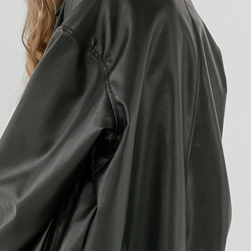 Lautaro veste en cuir surdimensionné femmes fermeture éclair manches longues col rabattu ample noir grande taille faux cuir vestes pour les femmes
