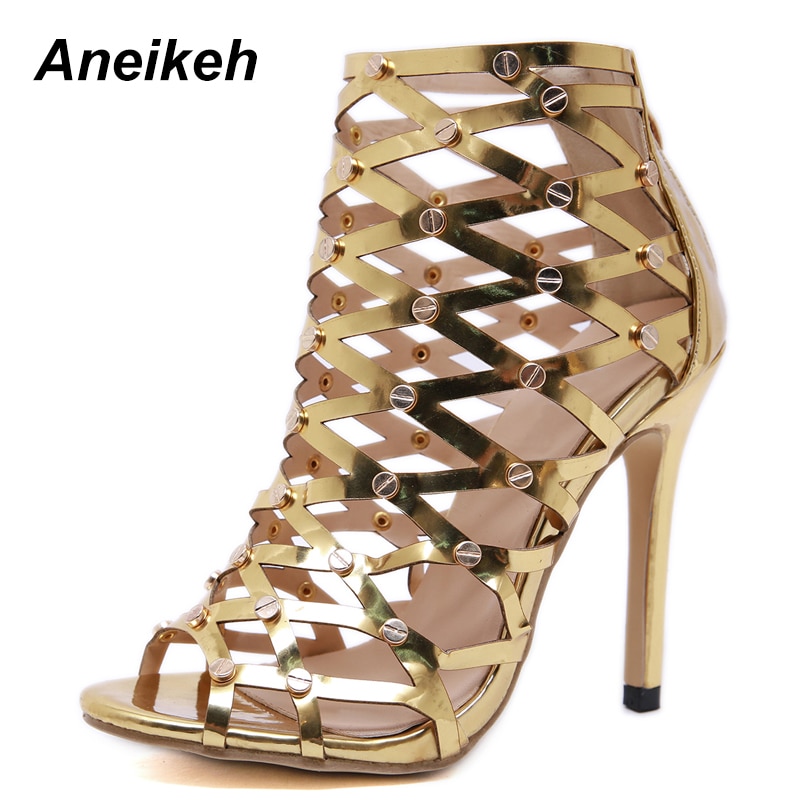 Aneikeh sommer gladiator sandaler guld ankel dame sandaler bur høje hæle romerske sko 12 cm fest dans størrelse 35-40