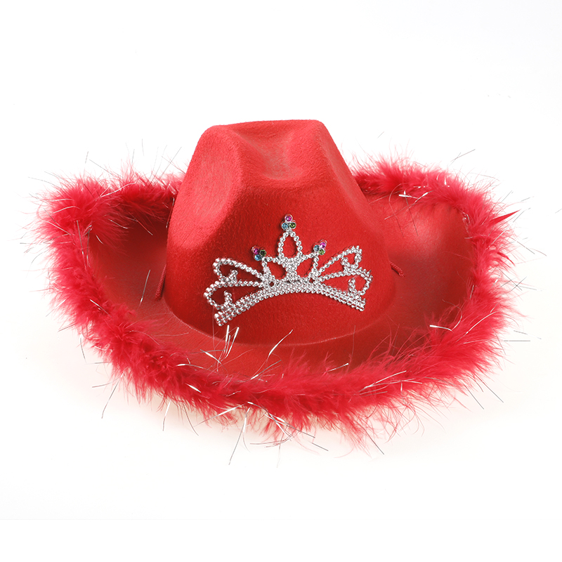 Cowboyhat i westernstil pink #39 til kvinder skæv bred skygge med pailletter dekoration krone tiara cowgirl hat: Rød