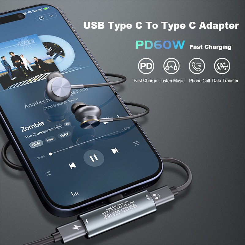 PD 60W Fast Charging USB C Adapter Audio Converter, 2 in 1 Charging USB3.2 10Gbps Data Transfer Adapter For Phones And Tables