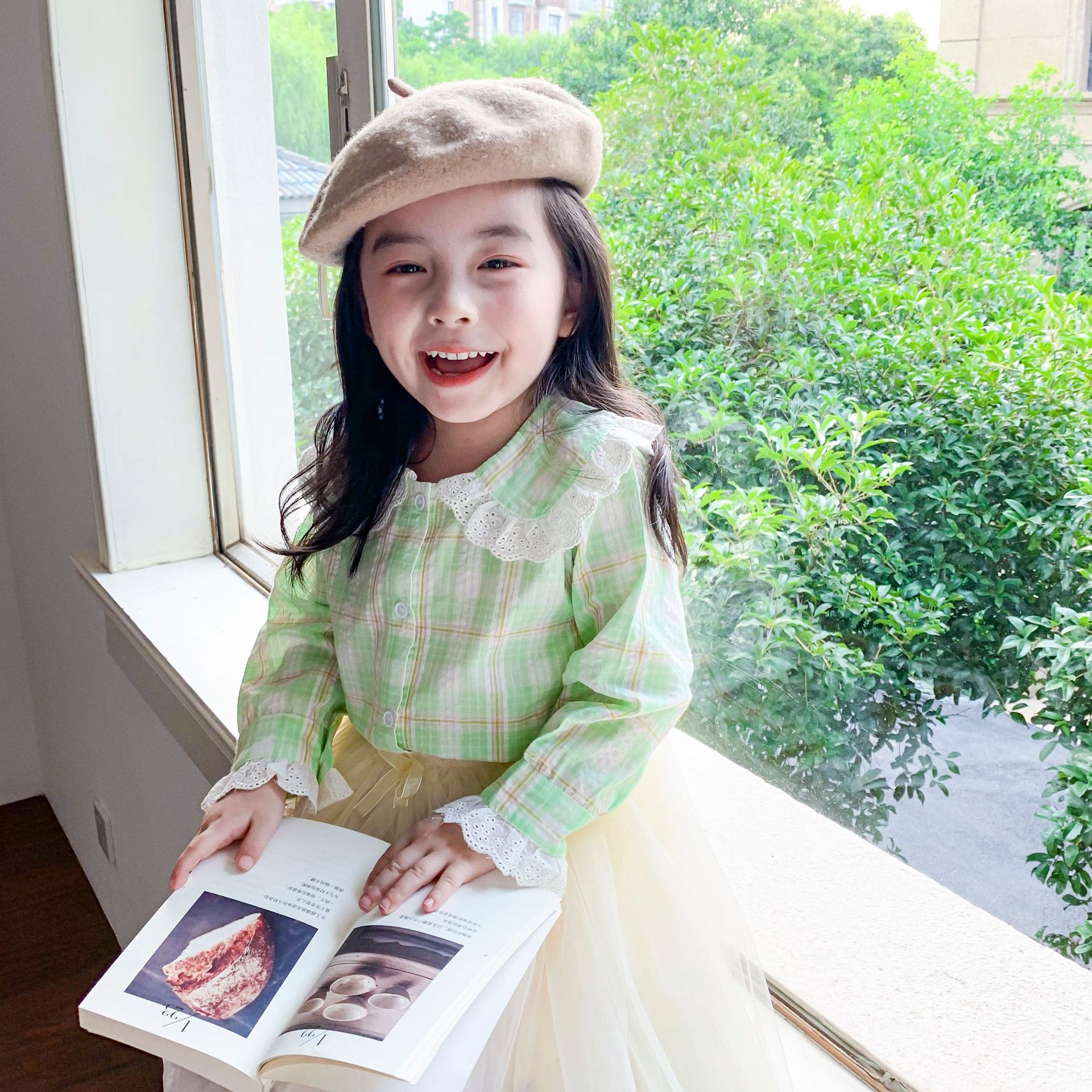 Autumn cute girls lace patchwork plaid shirts long sleeve casual shirt: green / 12M  (tag size 80cm)