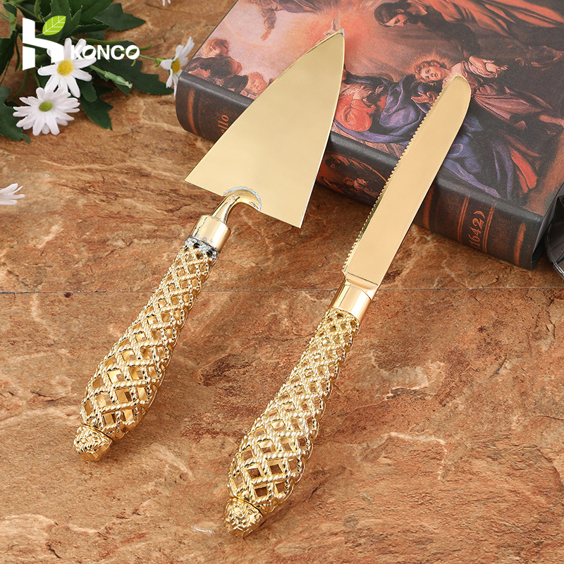 Konco Kuchenmesser- und Serverset, 2-teiliges goldenes Kuchenschneideutensilien, gravierter Kuchenschneider und Serverspatel für sterben Hochzeitsfeier