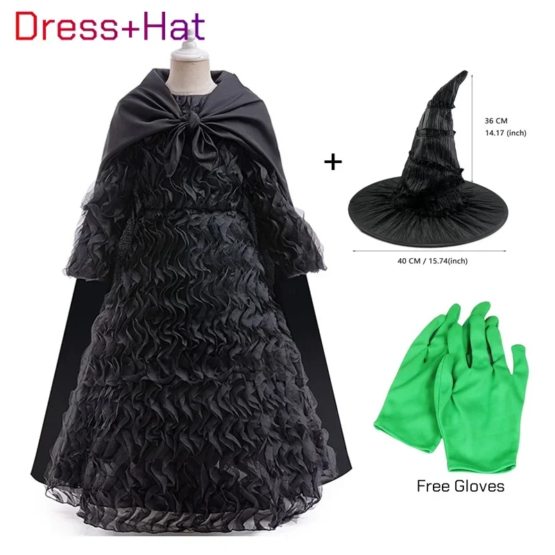 Malvado elphaba traje de halloween bruxa cosplay preto babados vestido manto luvas chapéu pontiagudo vestido da menina